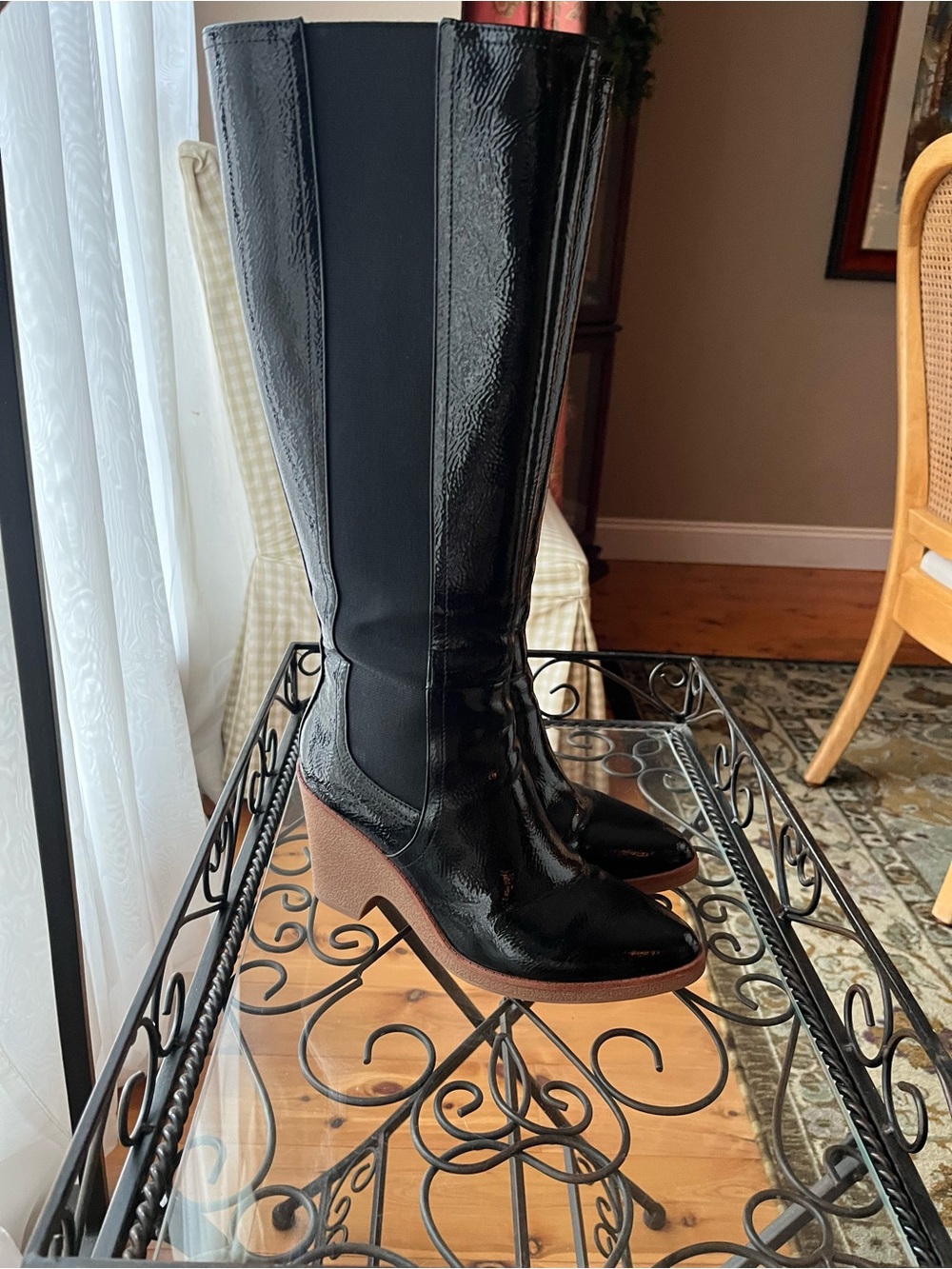 AEROSOLES Black Patent Knee-High Wedge Boots